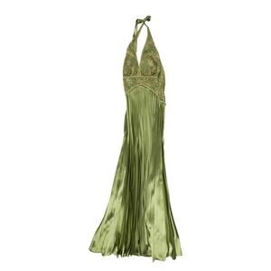 Nicole Bakti Lace Beaded Halter Neck Pleated Dress Size XS Green